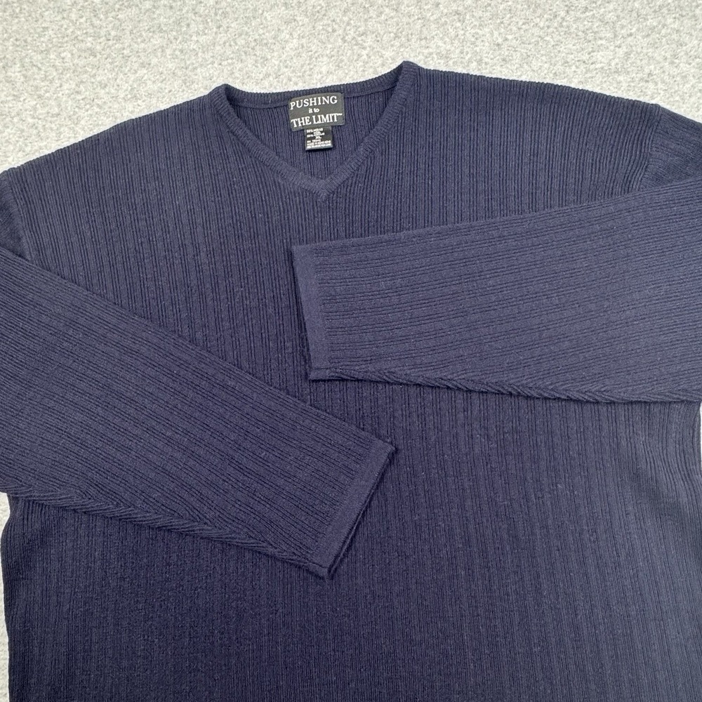 Vintage Pushing It To The Limit Merino Wool Blend V-Neck Sweater‎ Mens XL Navy